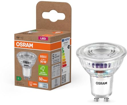 OSRAM Lámpara reflectora LED Energy Class PAR16 con 4,7 W, 850 lm, blanco frío (4000 K) de vidrio sin plomo con casquillo GU10 en clase de eficiencia energética A, 50 mm de diámetro, IP20.