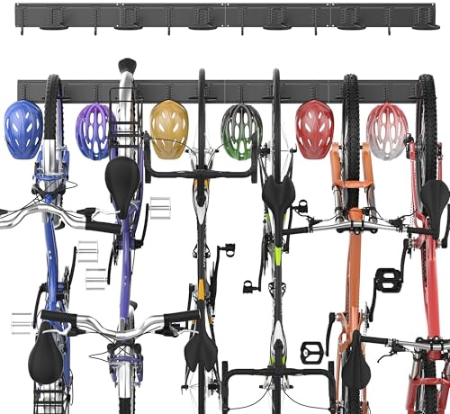 Ultrawall Fahrradaufbewahrungsregal, Wandhalterung, Fahrradständer, vertikaler Fahrradaufhänger für Garage, Zuhause, 6 Fahrradträger & 6 Helmhaken, hält bis zu 299 kg