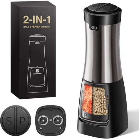 2 in 1 Electric Salt and Pepper Grinder Set Shaker USB Rechargeable, Crosphere Salt and Pepper Grinder Mill Set Dual in One, Automatic Refillable Adjustable Coarseness Pepper Grinder with Light.