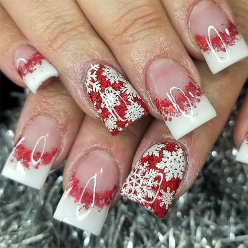 Lot de 24 faux ongles courts à coller - Motif flocons de neige français rouges avec paillettes, brillants - En acrylique - Couvrance complète - Pour femme - Flocon de neige blanc