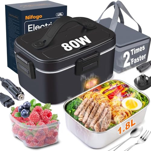 Nifogo Electric Lunch Box for Adults 80W Portable Heated Lunch Box for Men 3 in 1 Portable Food Warmer 230V/12V/24V with 1,8L Removable Stainless Steel Container & Bag(Black)