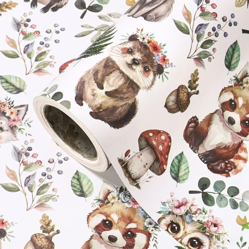 WRAPAHOLIC Geschenkpapierrolle mit Waldtiermotiven, Mini-Rolle, 43,2 cm x 5,2 m, grünes Waldtier-Design, perfekt für Babyparty, Kindergeburtstag, Mädchen, Jungen