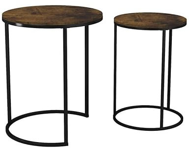 URBNLIVING 2 Pcs Round Nesting Stacking Sofa Side Bedside End Tables Set Rustic Brown Wooden Top with Black Metal Leg Modern Space Saving Accent Coffee Tea for Living Room Bedroom Office