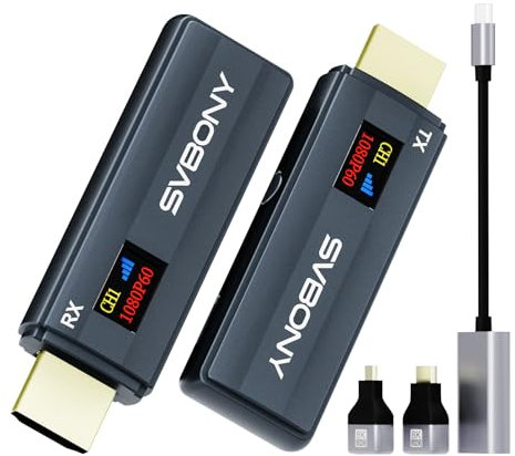 Svbony TransAir 1 HDMI sans Fil Émetteur et Récepteur, 4K 1080P Decoding, sans Fil avec écran Couleur OLED, 9 Canaux, 2,4 G et 5 G, sans Interférence, pour la Maison et Le Bureau