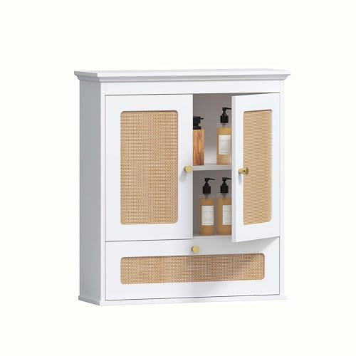 Spirich Armoire murale de salle de bain au-dessus des toilettes, armoire à pharmacie moderne en rotin avec étagère réglable, rangement mural peu encombrant