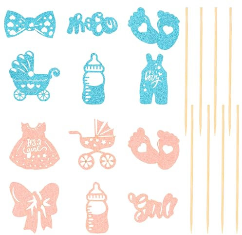 12 Pcs Décoration Gateau Baby Shower, Boy or Girls Baby Shower Cake Topper, Bleu Rose Gender Reveal Gâteau Topper, Fête Prénatale Baptême,Personnalisée Décoration Table