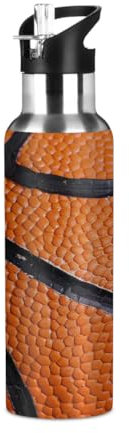 Mexpekil Botellas de agua de encaje de baloncesto de 600 ml, botella de agua aislada de acero inoxidable con pajilla, termo al vacío a prueba de fugas para niños y