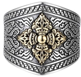 Ring Schmuck, Zweifarbiger 925er Sterlingsilber-Ring mit Vajra Dorje, tibetisch-buddhistischem Amulett für Herren, offen, verstellbar