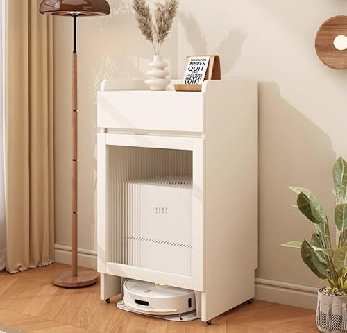 Kaverno Aufbewahrungsschrank Für Saugroboter Mit Gehärteten Glastüren Und Schubladen, Massivholzschrank Mit Rollen, Versteckter Saugroboter Schrank Für Wohnzimmer Schlafzimmer Küche(White)