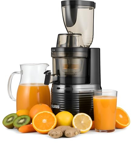 4Swiss Entsafter Saftpresse Elektrisch für Gemüse Obst Slow Juicer Machine mit Einfüllschacht - Kaltentsafter Fruchtpresse Presse Große Saftmaschine XL Leicht zu Reinigen Obstpresse - BM202 Schwarz