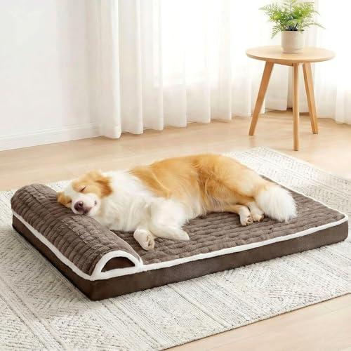 Jolibean Orthopädisches Hundebett Grosse Hunde Mit Kissen, 91x61cm | Weiches Wasserdichtes Plüsch-Hundebett mit Eierkarton-Schaum, Abnehmbarer Waschbarer Bezug, Rutschfeste Unterseite, Braun