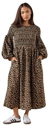 PixieGirl Petite Brown Animal Shirred Puff Sleeve Midi Dress Petite