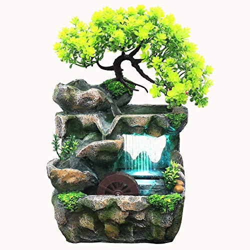 Fontana da interni con illuminazione a LED, Fontana da Tavolo Cascata da Interno Cascata con Ruota Feng Shui Decorazione Zen per Meditazione per Soggiorno Scrivania Ufficio, 18 x 15 x 30 cm