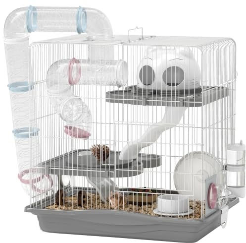 PawHut 3-stöckiger Hamsterkäfig Rampe Zwerghamster 45x30x45 cm Grau | Rennmauskäfig, Laufrad, Tunnel, Wasserflasche, Futternapf, Hütte