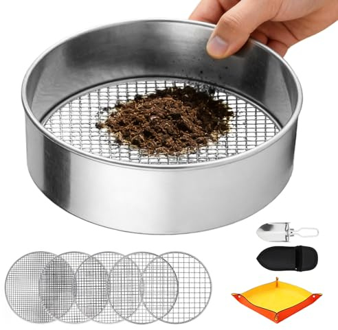Colino da giardino rotondo 5 in 1 in acciaio inox, colino per compost multiuso, rotondo, per giardinaggio, 5 inserti intercambiabili (1/3/6/9/12 mm), con paletta in acciaio inox e tappetino giallo