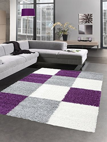 CARPETIA Shaggy Teppich Hochflor Langflor Bettvorleger Wohnzimmer Teppich Läufer Karo lila grau Creme Größe 80x150 cm
