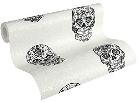 A.S. Création Vliestapete Club Tropicana Tapete mit Sugar Skulls 10,05 m x 0,53 m metallic schwarz weiß Made in Germany 358171 35817-1