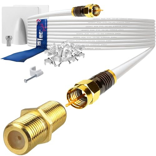 1STec 50m Gold Plated Webro Male to Virgin Media Extension Cable Cable Clips Female Joining Coupler for Extending V6 TIVO Set Top Box or VIVID Fibre Optic Super Hub Broadband Modems 50 Metre, White