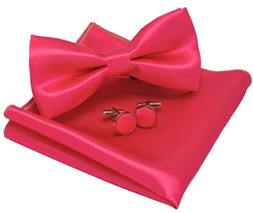 JEMYGINS Einfarbig Fliege und Einstecktuch mit Manschettenknöpfe Sets für Herren,Rosa