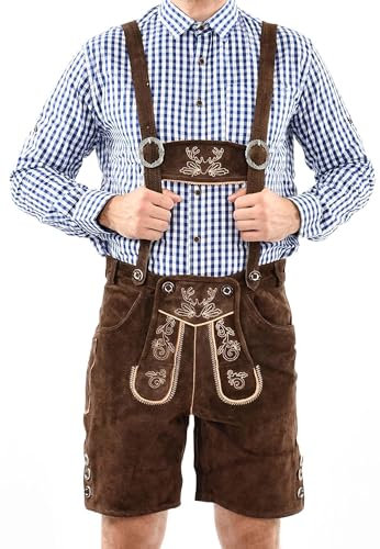 ALESSANDRO SALVARINI Herren Lederhose Tracht (Gr. 46-60) mit Träger - 100% Echtleder, Trachtenlederhose Kurz Oktoberfest Männer - AS-180 (54, DBraun)