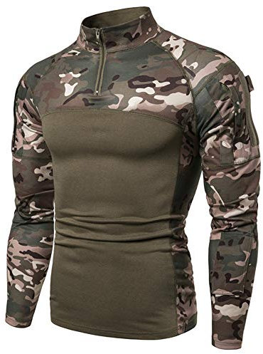 Herren Taktisches Langarmshirt Militär Stil Combat Shirt mit Taschen Airsoft Top Outdoor Kleidung für Jagd Camping WandernGrün CamoM