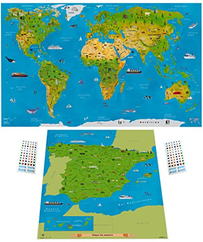 WIDETA, Illustrierte Weltkarte in Spanisch/Poster XXL (82 x 44 cm), foliertes extra dickes Papier 300 g/m2, Bonus 3D Aufkleber