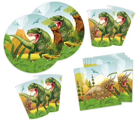 Partystrolche 36-teiliges Partyset Dinosaurier - Dino- Teller Becher Servietten für 8 Gäste Kindergeburtstag und Party (Deko)