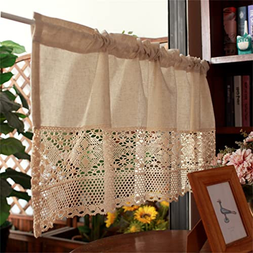 CULASIGN Vintage Küchen Vorhang, Scheibengardine, Beige Häkeln Plaid Leinen Bistrogardine, Schiebevorhang Spitze Kurzgardinen Romantische Cafe Kleinfenster Deko (BxH 150x45cm)