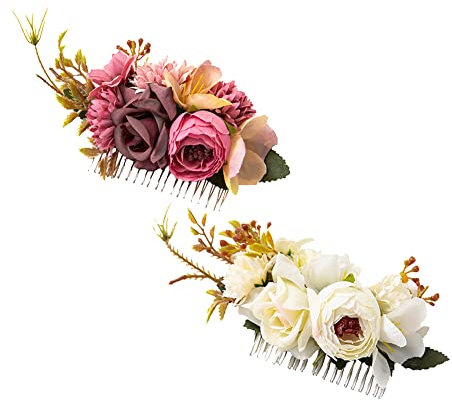 FSSTUD 2 Stücke Metall Haar Seitenkamm Künstliche Blumen Haarkämme Braut Hochzeit Kämme 20 Zähne Haarspange Kamm Strand Urlaub Kopfbedeckung für Mädchen Damen Weiß Lila