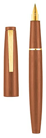 Jinhao 80 Brown Fiber Brushed Fountain Pen, Fine Nib with Converter and Small Pen Bag Set (Golden Clip)