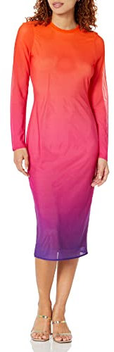 The Drop Vestido para Mujer, Gene Midi de Malla de Manga Larga con Espalda Abierta, Ombré Morado/Rosa/Naranja, XL
