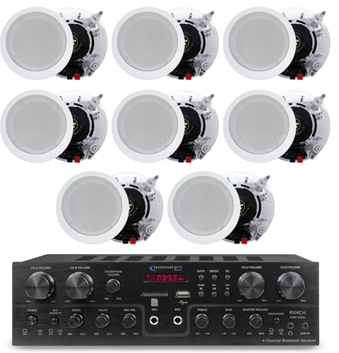 Kit de Sistema de Cine en casa con Receptor Bluetooth de 4 Canales de 1600 vatios y 8 Altavoces de Pared de 6.5 Pulgadas y 200 vatios de Sonido estéreo de 2 vías con woofer/Tweeter, diseño Empotrado