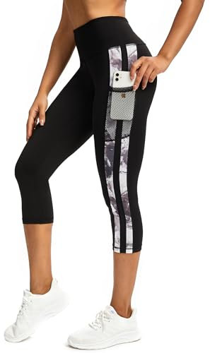 Tuspryt 3/4 Sporthose Damen Mit Taschen, Sport Leggings Blickdicht Laufhose, Yogahosen Trainingshose XL
