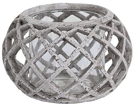 Grey Stone Textured Ceramic Lattice Round Hurricane Lantern Tealight Holder | 17cm Diameter | New Home Gift | Birthday Present
