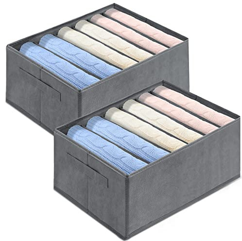 Benxdara Wardrobe Clothes Storage Organiser, Large Capacity Closet Drawer Organisers Dividers with Handle, 2PCS Foldable Jeans Storage Organiser Box for Sweaters, Hoodies, Thin Coats, 6 Grids