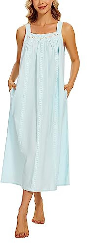 YOZLY Nachthemd aus Baumwolle für Damen, Bestickt, ärmellos, mit Taschen, S-XXL, Grün, Medium