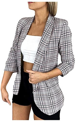 Blazer Femme Chic et Élégant à Carreaux Costume Pas Cher Marque Bureau Affaires Haut Mode Baggy Fitness Blazer De Travail Blouson Jacket Vêtements Femme Gris M