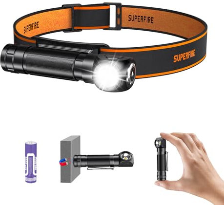 SuperFire Stirnlampe Led Wiederaufladbar, 600lm Kopflampe Rechtwinklige Taschenlampe mit Magnetisch, USB C Stirnband Taschenlampe 18650 2000mAh 5 Lichtmodi Wasserdicht für Camping Laufen Angeln