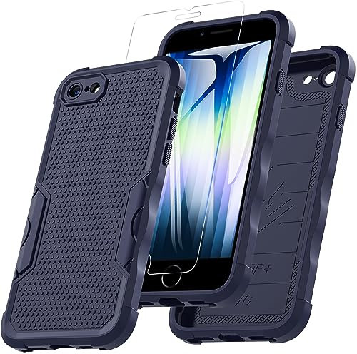 Für iPhone SE 2020 iPhone SE 2022 Hülle iPhone 8/7 Hülle, Stoßfest Rugged Hülle mit 9H Displayschutz-Glas Fallschutz Handyhülle iPhone SE 2020 TPU Outdoor Case mit Kameraschutz für iPhone 8 (Blau)