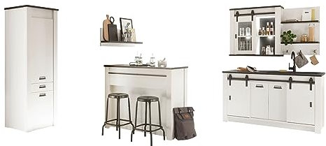 Küche mit Theke komplett Set in weiß Pinie und schwarz/anthrazit Küchenschrank 6 teilig komplette Küche im Industrial Design Stove (Set 1)