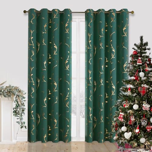 BUHUA Grün Verdunklungsvorhänge Weihnachten Goldfolie Wärmeisolierende Vorhänge mit Ösen Gardienen 2-Set H 245 x B 132 cm Gardinen