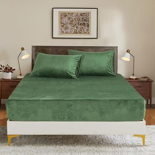 Luowei Spannbettlaken Warm 160x200cm Salbeigrün Extra Warm Kuschel Spannbetttuch Samt Flanell Flauschige Spannbetttücher Weich Uni Muster Leintuch 160x200 für Boxspringbett Hohe Matratze bis 25-30cm