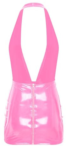 Oyolan Mini Robe Courte Sexy Femme Cuir Verni Halter Neck Dos Nu Robe Moulante Wetlook Costume Soirée Cocktail Party Dress Clubwear S-4XL Rose L