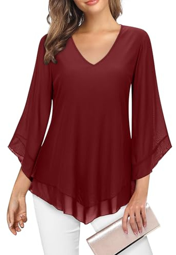 Gemulate Tunic Tops for Women UK Womens Blouse V Neck Flowy Ruffle Chiffon Blouses Loose Layered Mesh Tunic Double Layer Tops Shirts Womens Formal Blouse Wine Red,L