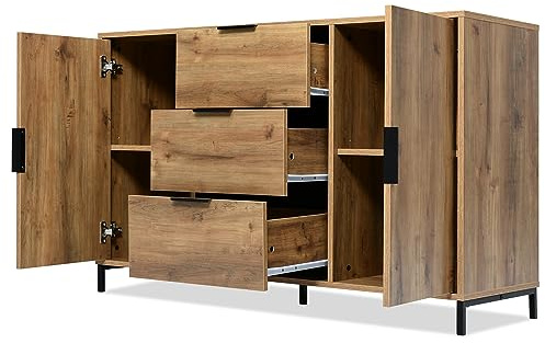 Merax Sideboards for Living Room | Storage Cabinet with 2 Doors and 3 Drawers | Dark Oak Drawers Bedroom with Adjustable Shelf | Kitchen Cabinets | 76x120x40cm