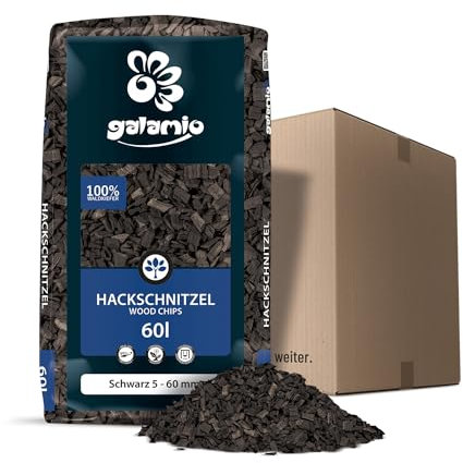 GALAMIO Holzhackschnitzel Schwarz Hackschnitzel Mulch Natur Wald Kiefer Pinus Sylvestris Garten Dekor Holz Häcksel Grob 5-60mm 60l Sack / 1 Karton Paligo