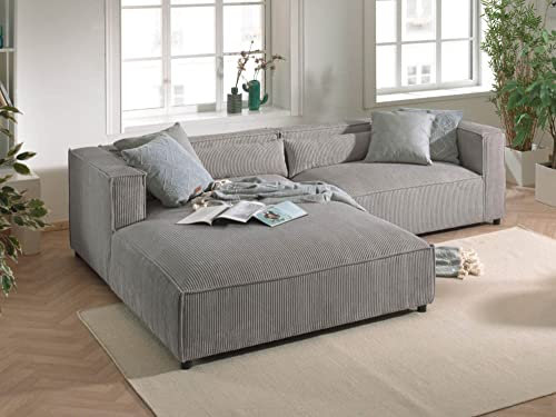 Lisa Design ELA – 4-Sitzer Ecksofa Links – aus Cordsamt – zeitgenössischer Stil Hellgrau