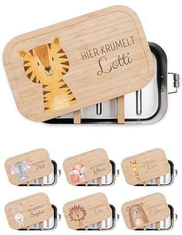 wunderwunsch® - Personalisierte Brotdose für Kinder - Robuste und Individuelle Edelstahl Brotdose mit Namen - Personalisierte Geschenke für Kinder (GROSS Edelstahl,Tiger)