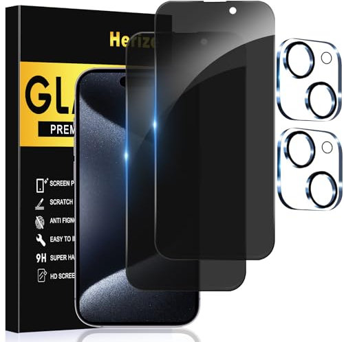 Herize [2+2 Pack] Privacy Screen Protector for iPhone 15 Pro Max with Camera Lens Protector, 6.7 Inch Tempered Full Screen Glass Accessories, Anti-Spy, Bubble Free, Case Friendly