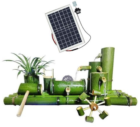 SEVOLY 40cm,Fuente de bambú Solar, Fuente de Agua de jardín de bambú con Bomba de Agua USB DC 3W, Panel Solar con Marco de Aluminio 9V10w, Bomba de Agua 12V5wdc, para césped de Patio Trasero